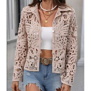 Crochet-look Cardigan Sweater - Size XL